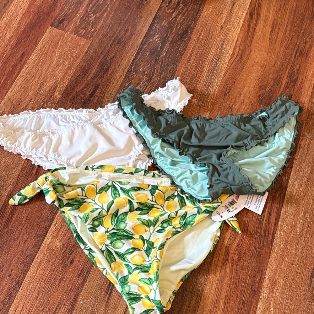 Set of Three Bikini Bottoms - White, Green, Lemon Print